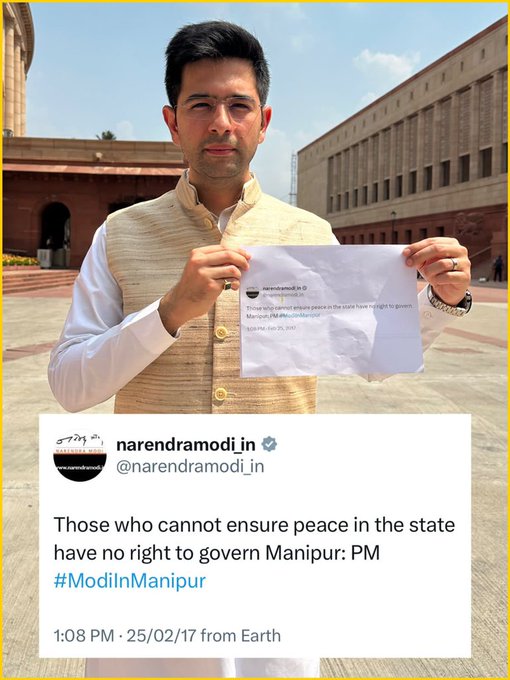 Manipur: Raghav Chadha demands removal of CM, imposition of President’s rule Manipur: Raghav Chadha demands removal of CM, imposition of President’s rule