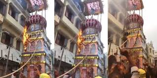 Uttar Pradesh Lucknow,Tajia caught fire after coming in contact with a high tension wire