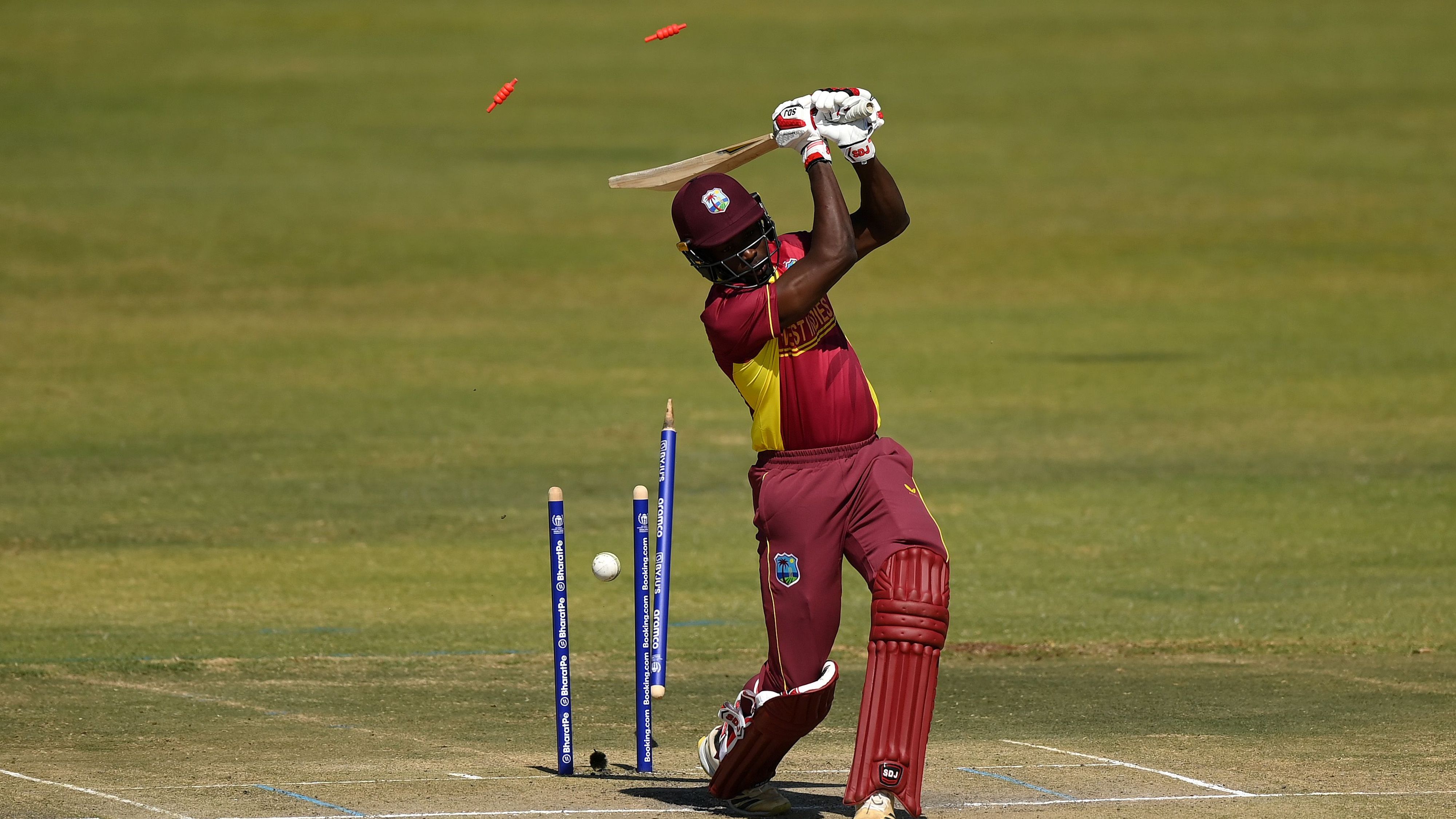 Kevin Sinclair of West Indies is bowled by Chris Sole of Scotland during the ICC Mens Cricket World Cup Qualifier Zimbabwe 2023 Super 6 match between Scotland and West Indies at Harare Sports Club on July 01 2023 in