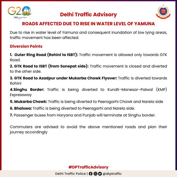 Delhi Traffic Police issues advisory amid flooding of low-lying areas Delhi Traffic Police issues advisory amid flooding of low-lying areas