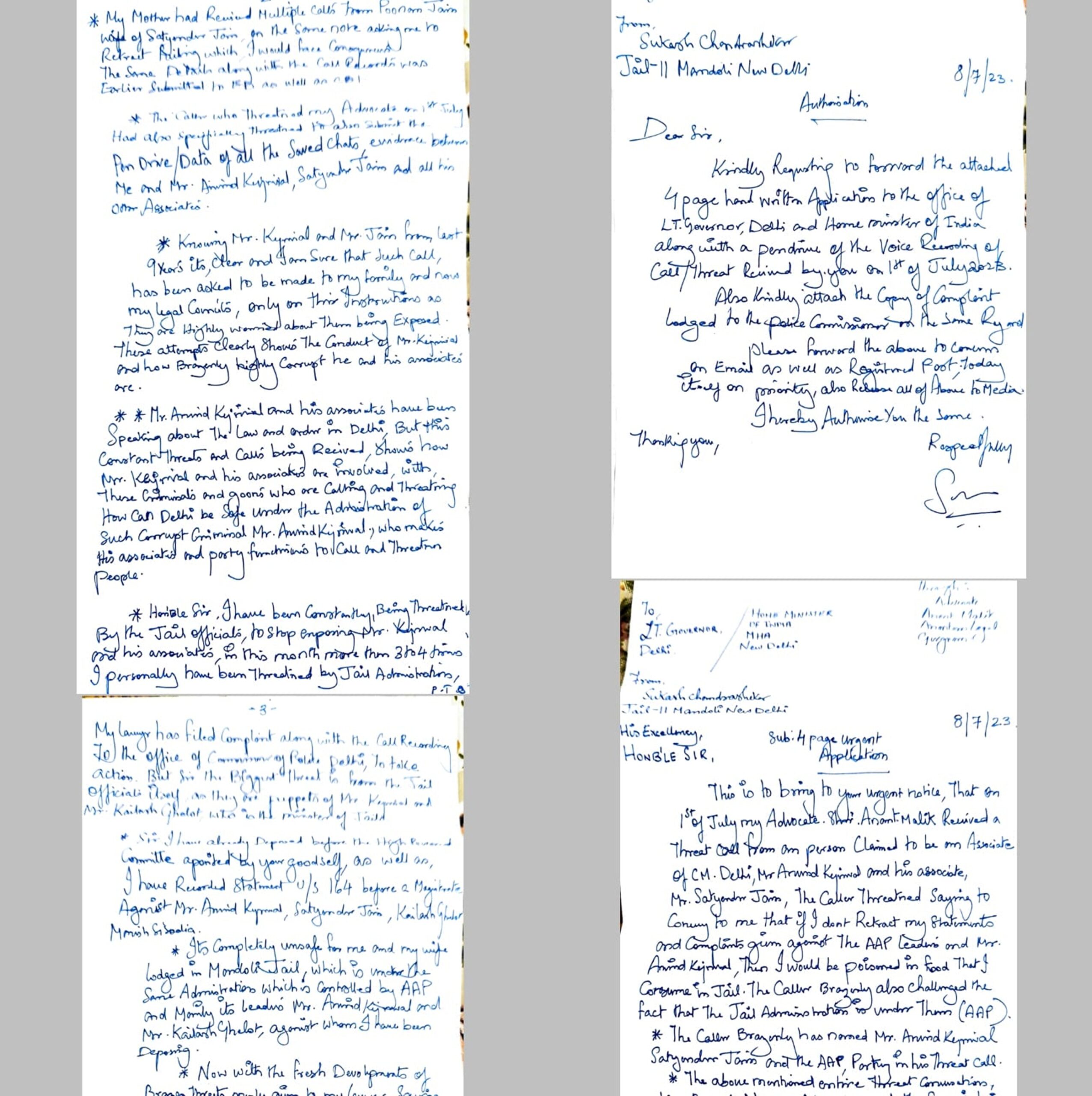 Sukesh claims lawyer, mother threatened by Kejriwal & Satyendar Jain’s wife