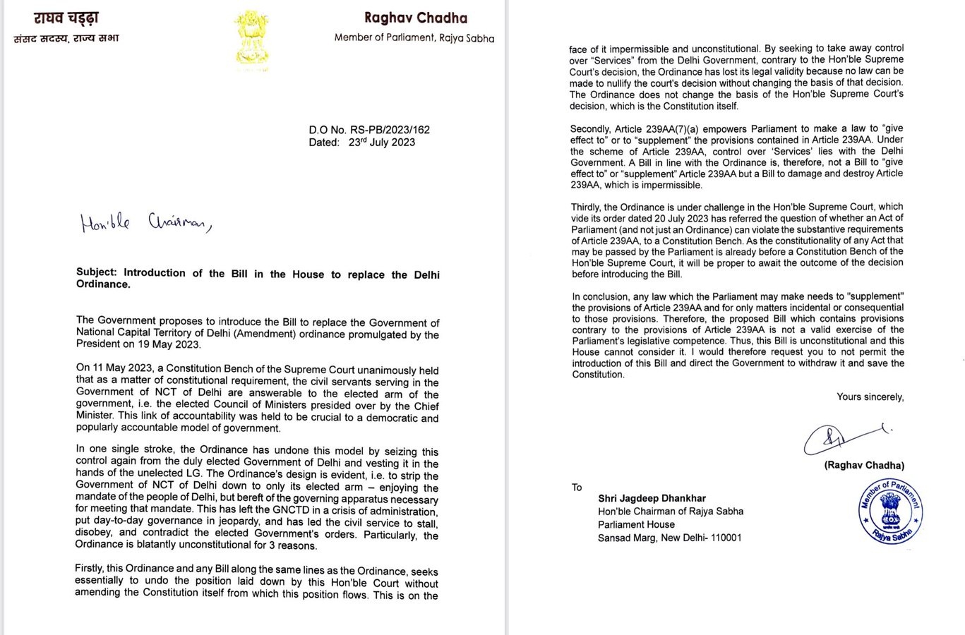 Chadha writes to RS Chairman opposing Bill replacing Delhi Ordinance Chadha writes to RS Chairman opposing Bill replacing Delhi Ordinance