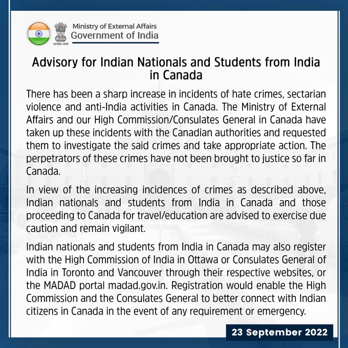 India Issues Cautionary Advisory for Nationals and Students in Canada