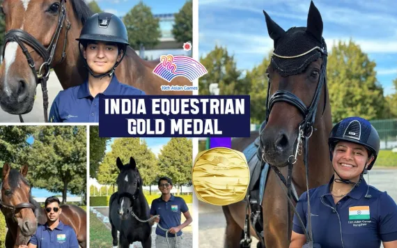 In a historic achievement, the Indian team comprising Anush Agarwalla, Sudipti Hajela, Hriday Vipul Chheda, and Divyakriti Singh secured a gold medal in the Asian Games team Dressage event, marking India’s first gold in the discipline in 40 years. In a historic achievement, the Indian team comprising Anush Agarwalla, Sudipti Hajela, Hriday Vipul Chheda, and Divyakriti Singh secured a gold medal in the Asian Games team Dressage event, marking India’s first gold in the discipline in 40 years.