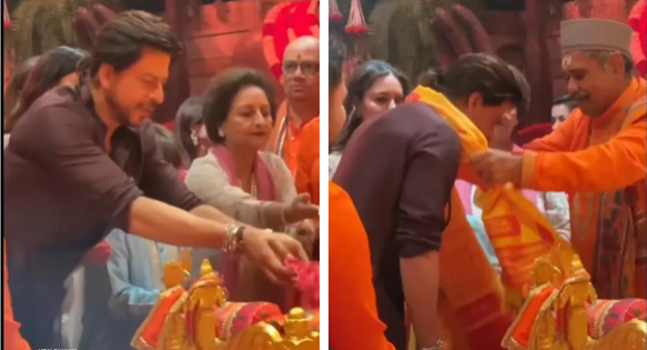 Ambani Family’s Ganpati Celebration: Shah Rukh Khan Performs Bappa’s Puja, Offers Flowers, and Receives Blessings.