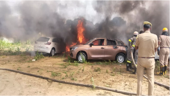 Fire in Prayagraj: High-tension wire snaps, intense blaze engulfs car workshop, six vehicles.