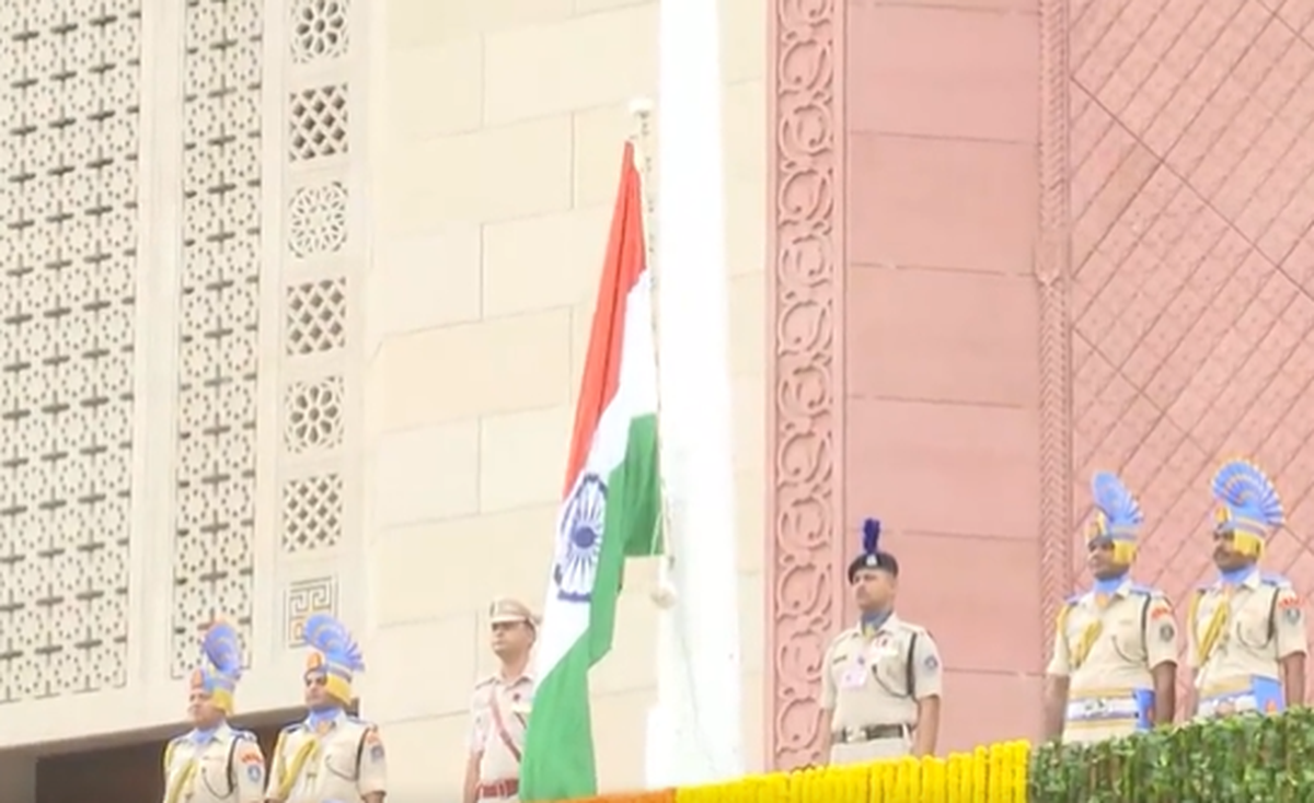 Rajya Sabha Chairman Jagdeep Dhankhar Raises National Flag at New Parliament Building