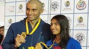 Pair of swimmers Virdhawal and Rujuta Khade broke the national games record. Pair of swimmers Virdhawal and Rujuta Khade broke the national games record.