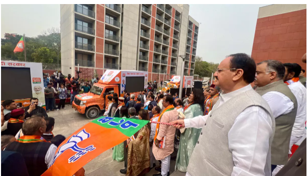 The Rajya Sabha elections: JP Nadda launches ‘Resolution Suggestion Campaign,’ showcases video van, green flags.